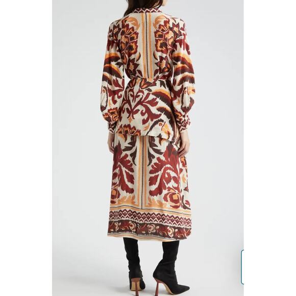 B49 Farm Rio Toucans Scarf Maxi Dress Womens Small Long Sleeve Boho Earthy Chic - Picture 2 of 14